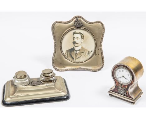 3  Gordon Bennett Trophy items Ireland from 1903. Small Balloon style Clock, silver plated with Faux Tortoise shell  and the 