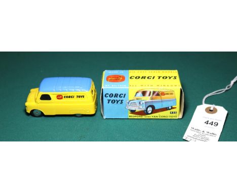 Corgi Toys Bedford 12CWT Van "CORGI TOYS" (422). An example in yellow with blue roof, flat spun wheels and black rubber tyres