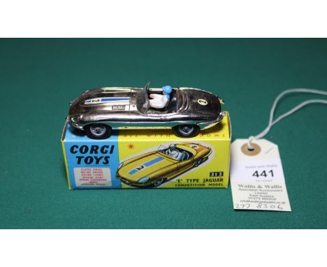 Corgi Toys 'E' Type Jaguar Competition Model (312). Chrome plated finish example, with black interior, with racing driver, RN