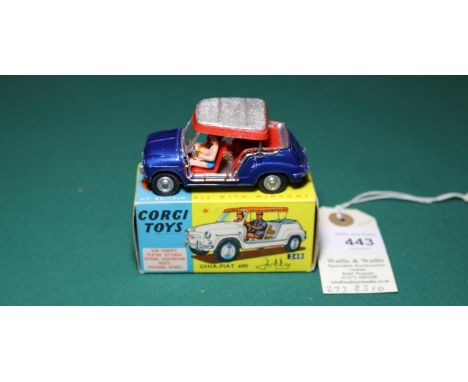 Corgi Toys Ghia-Fiat 600 Jolly (240). An example in dark metallic blue with red interior, red fringed silver plastic canopy a