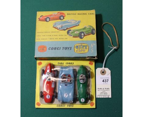 Corgi Toys Gift Set No.5 "British Racing Cars". Comprising 3 racing cars- Vanwall Formula 1 Grand Prix in red RN3. Lotus Mark