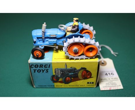 Corgi Toys Fordson Power Major with Roadless Half Tracks (54). In mid blue with orange plastic wheels, with grey rubber track