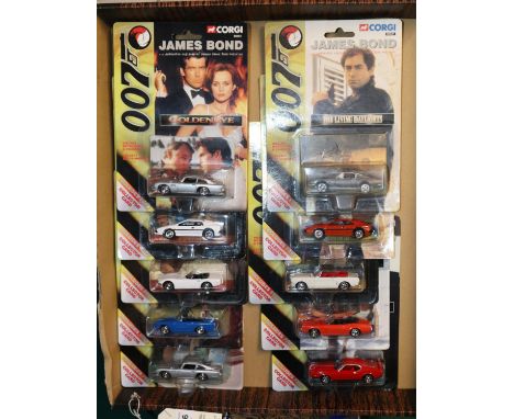 10 James Bond Corgi Junior size cars from different films. Goldfinger Ford Mustang, Dr.No. Sunbeam Tiger, Thunderball Aston M