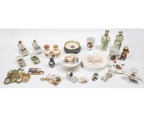 Vintage car related ceramic and other items, Includes a pair of Bisque Nodding head figures, Man dressed in Long coat with ha