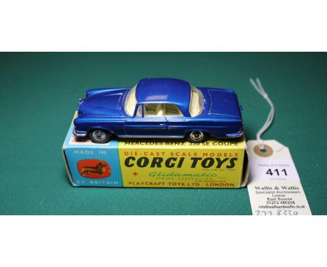 Corgi Toys Mercedes-Benz 220SE Coupe (253). An example in metallic blue with cream interior, spare wheel and case inside boot