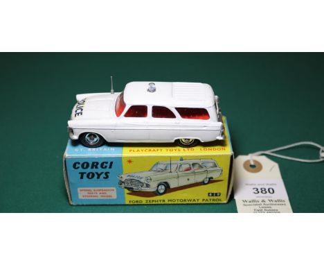 Corgi Toys Ford Zephyr Motorway Patrol (419). In white with red interior, small clear light to roof, POLICE to bonnet and bac