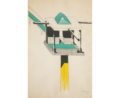 Ettore Sottsass, Signierte und limitierte Serigraphie Una Torre in CaliforniaEntwurf 1986. Farbiger Druck auf festem, struktu