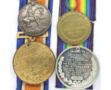 78414 PTE J GUY LPOOL R, a British WWI medal pair comprising Victory and British war medals with Guys 1904 and 1905 School At