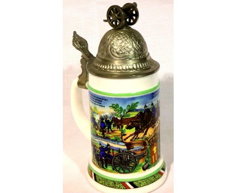 German ceramic stein decorated with WWI Imperial Regiments and pewter cover with cannon finial. P&amp;P Group 2 (£18+VAT for 