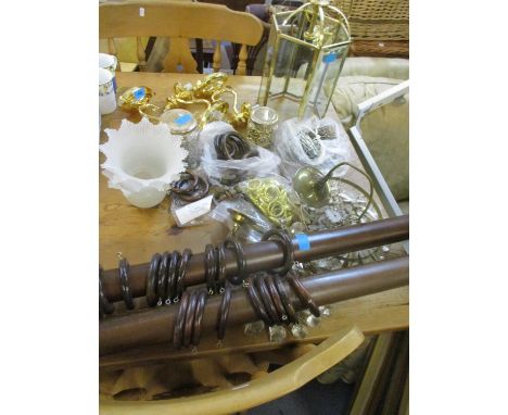 Three modern Berkley Cortessa brass effect wall lights, a brass and glass hall lantern ceiling light, curtain rings, two earl