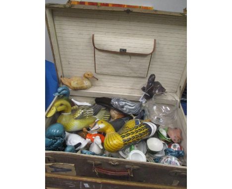 A mixed lot to include a vintage suitcase, duck ornaments, Poole pottery and other items 