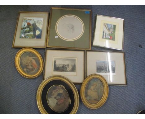 Mixed pictures to include three 19th century oval gilt framed prints, George Roe sketch and others 