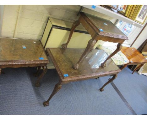 A reproduction walnut coffee table with two matching lamp tables (which can be stored within the coffee table), together with