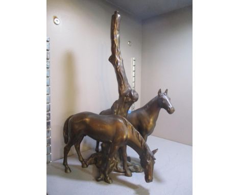 A spelter table lamp in the form of two horses by a tree, 12 1/2"h 