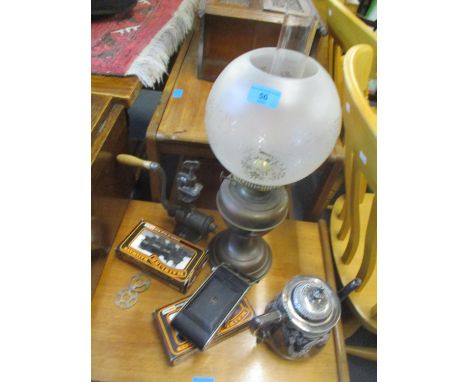 A mixed lot to include a brass oil lamp with frosted and etched globular shade and smoke funnel, silver plated pot, two boxed