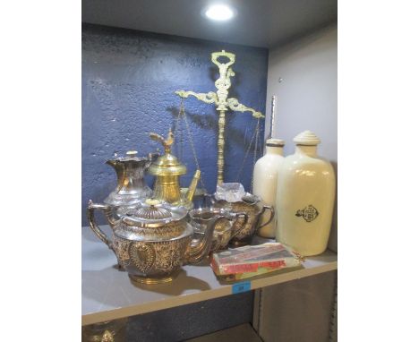 A mixed lot to include Doulton bed warmers, silver plated tea service and other items 