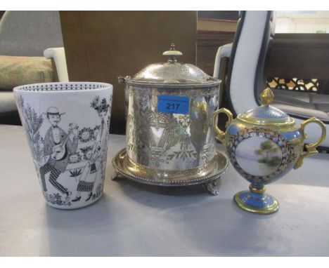 An early 20th century Japanese painted vase and cover, a silver plated biscuit barrel and an Arabia Finnish vase designed by 