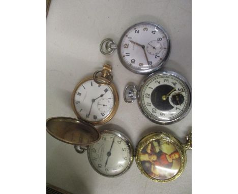 Five pocket watches to include three chrome examples, one of them with the military arrow, a gold plated watch and a modern p