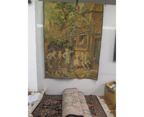 A machine made tapestry with figures and two machine made rugs 