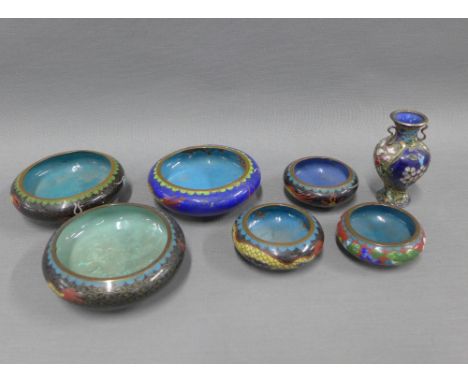 Collection of seven miniature cloisonne enamel wares to include three dishes and three smaller and a twin handled vase, 8cm (