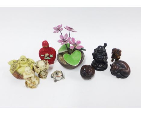 Collection of resin netsukes and figures, two wooden netsukes, faux cinnabar snuff bottle and enamel pot of flowers, etc (a l