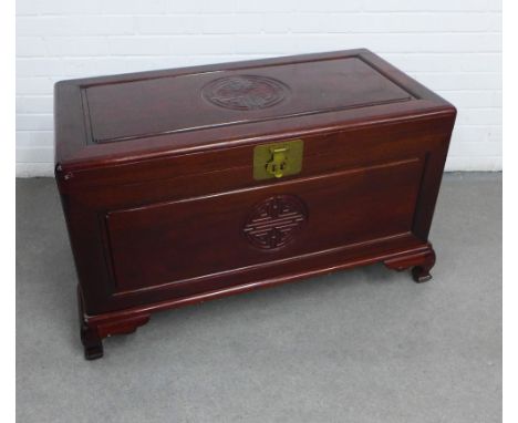 Modern camphorwood trunk / blanket box, with chinoiserie motifs and brass clasp,  104 x 61 x 54cm.