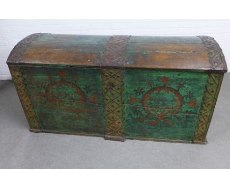 19th century green painted wooden trunk, dome top with metal mounts, the front with date 1804, complete with large iron key, 