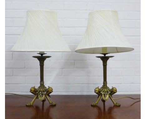 A pair of brass column table lamps, with tripod legs terminating on pad feet, with pleated shades, 36cm excluding light fitti