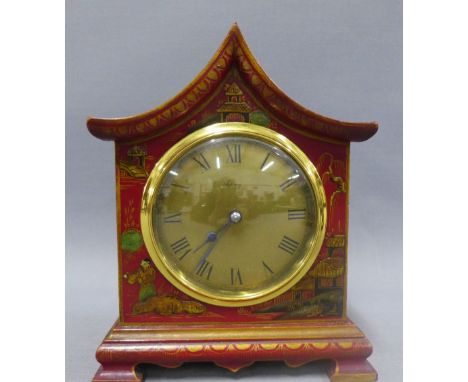 Chinoiserie cased mantle clock, early 20th century, retailed by Asprey, in a red pagoda shaped case with gilt highlights, 18c