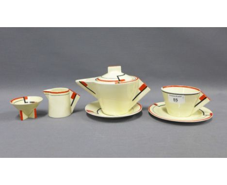 Clarice Cliff Bizarre part teaset comprising teapot, cream jug, sugar bowl, cup saucer and side plate, printed Newport factor