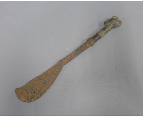 Nigerian Yoruba hatchet / axe, with a figural handle and cross shaped apertures to the blade, length overall 53cm 