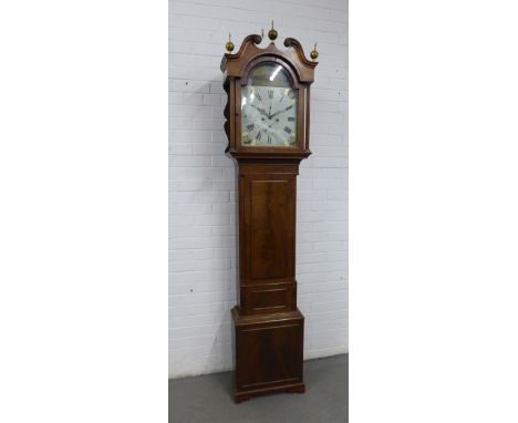 19th century mahogany longcase clock, with a swan neck pediment and gilt finials over a painted dial with Roman numerals and 