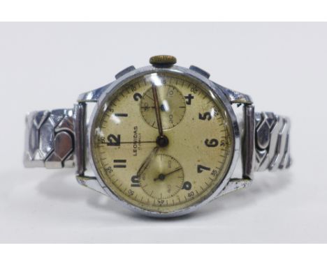 Gents Leonidas chrome plated wrist watch, chronograph model, chrome plated circa 1940's, manual wind movement 