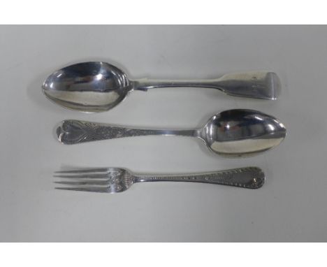 Victorian silver flatware to include a fiddle pattern spoon, London 1874 and a London silver fork and spoon with bright cut e
