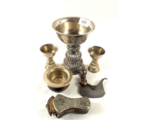 A large Tibetan white metal butter lamp and four other Tibetan items