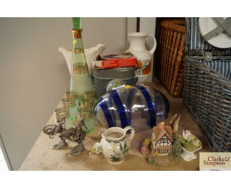 An Art Deco green glass decanter with matching glasses, an Elizabeth Radford jug, Arthur Wood vase etc.