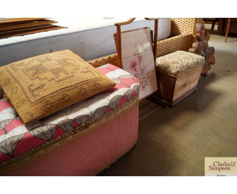 A loom ottoman together with a sewing box, folding stand and a wall clock