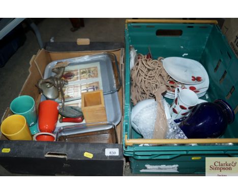 Two boxes of sundry items to include; silver plated candlestick, dinnerware etc.