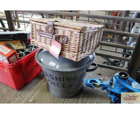 An as new picnic basket and contents and an enamel washing / boiler 