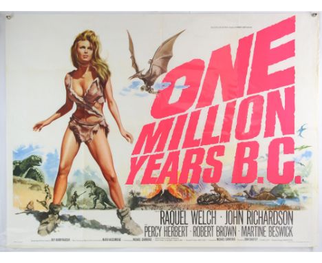 One Million Years B.C. (1966) British Quad film poster, artwork by Tom Chantrell, signed by Martine Beswick, Hammer Films Pro