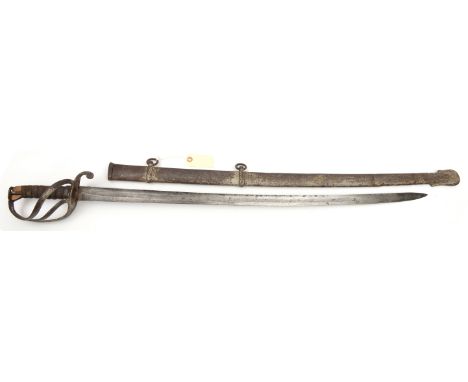 An 1821 pattern light cavalry trooper’s sword, in scabbard. QGC (backstrap/pommel missing, worn/rusted overall).             