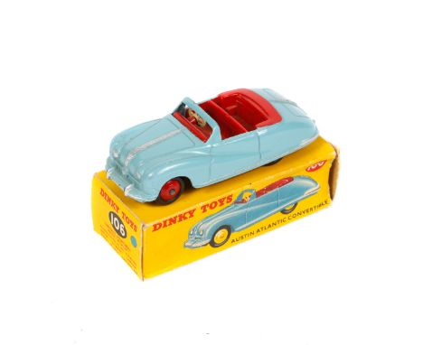 Dinky Toys Austin Atlantic Convertible (106). An example in light blue with red interior and red wheels with black rubber tyr