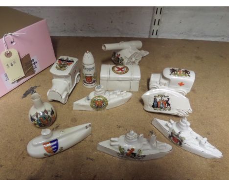 9 pieces of crested china, including Willow Art ambulance, arms of Blackpool, Savoy China field gun, Exeter, Corona submarine