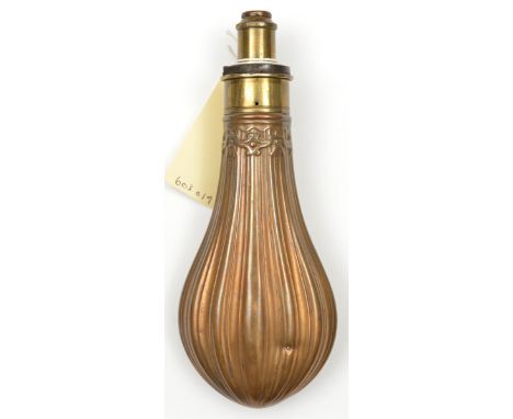 A copper powder flask “Fluted” (Riling 289) patent brass top by G &amp; J W Hawksley, Sheffield, graduated nozzle 2¼-3 “Drams