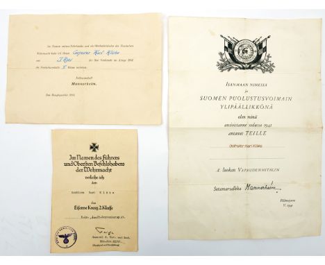 3 WWII German medal award certificates to Karl Klake, comprising Iron Cross 2nd class to Schutzen K Klake dated September 194