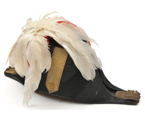 A Staff officer’s cocked hat, gilt lace loop and purl button, tassels (AF) fore and aft, white/red feather plume, leather and