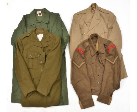 7 items of uniform, including 1940 pattern BD blouse (mothed), green “Overalls, Men’s, 100% Cotton, Sateen, Type 1”, khaki “P