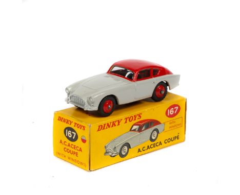 Dinky Toys A.C. Aceca Coupe (167). An example in bright red and light grey, with bright red wheels and treaded black rubber t