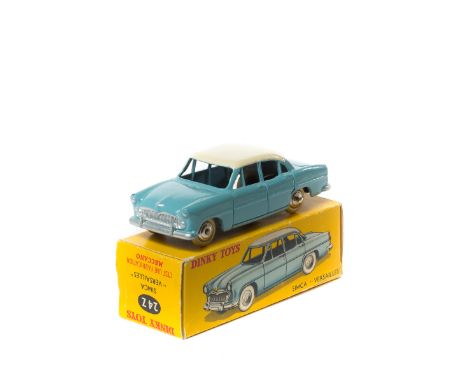 French Dinky Toys Simca Versailles (24Z). In light blue with cream roof, plated ridged wheels with white rubber tyres. Boxed,