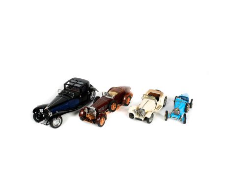 4 Franklin Mint. 1924 Hispano Suiza Tulip Wood. In natural wood finish with copper plated fittings. 1930 Bugatti Royale Coupe